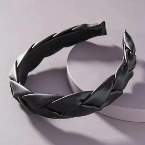 NWT Anthropologie Faux Leather Black Braided Headband - Picture 1 of 1